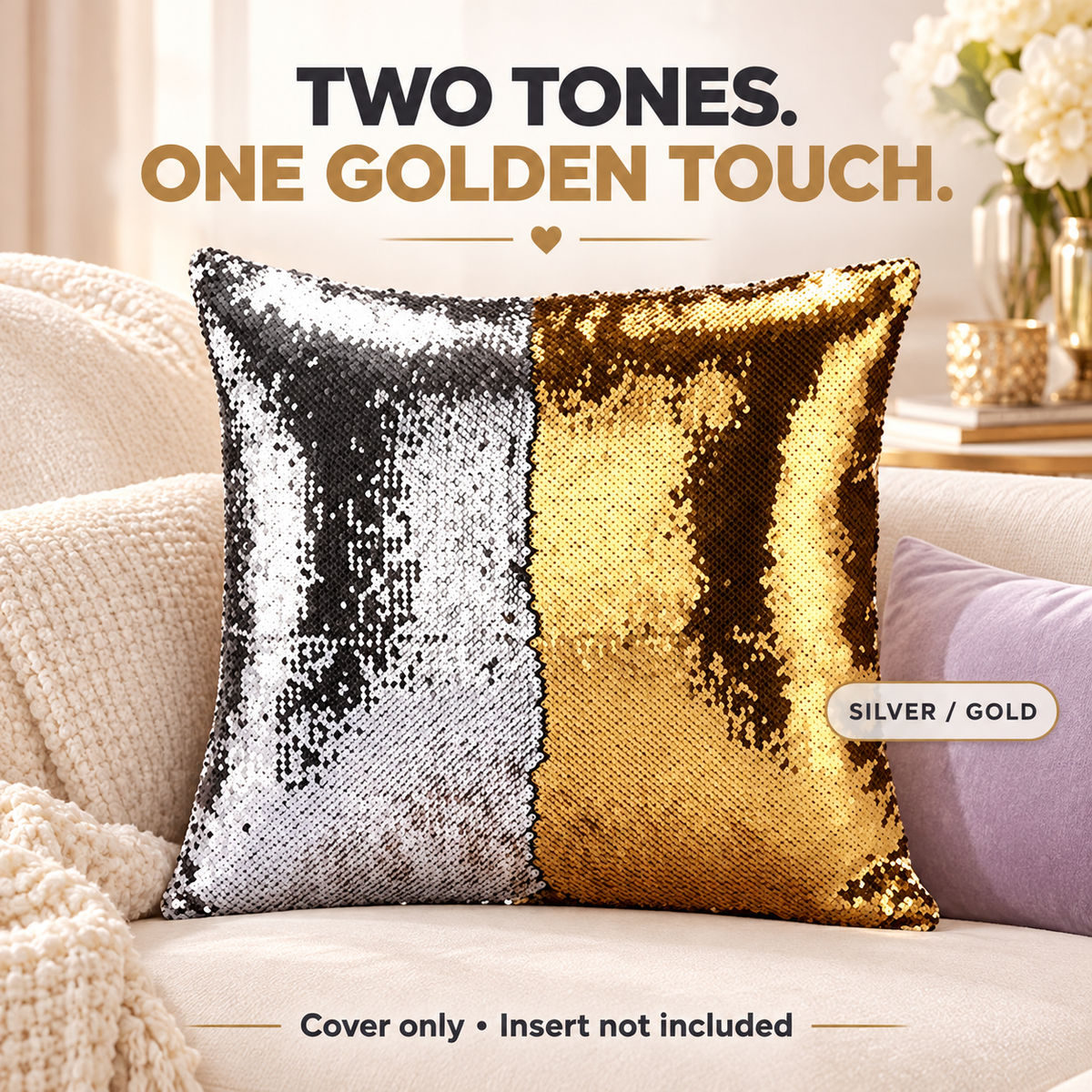 Reversible sequin cushion cover — silver gold