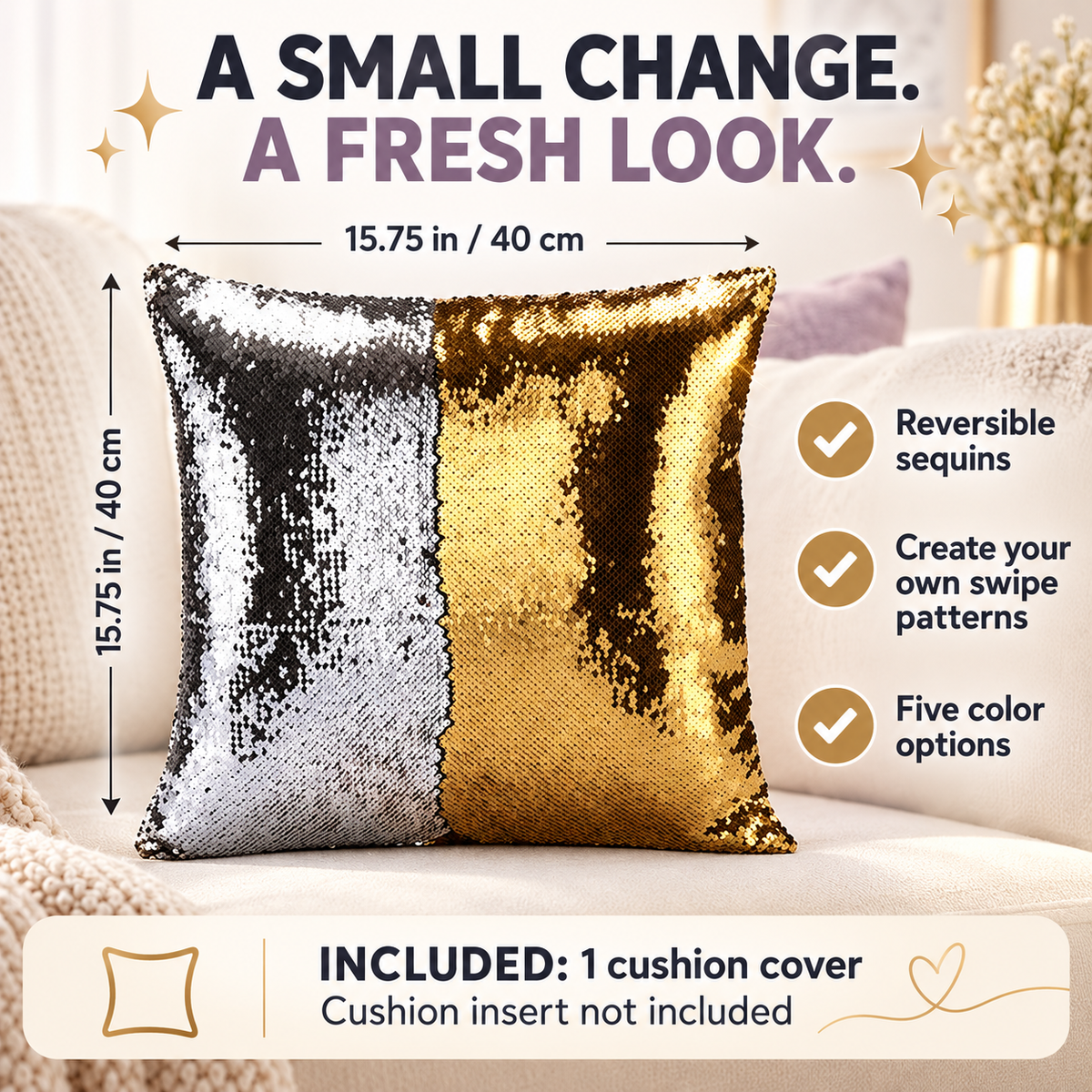 Reversible sequin cushion cover — size features