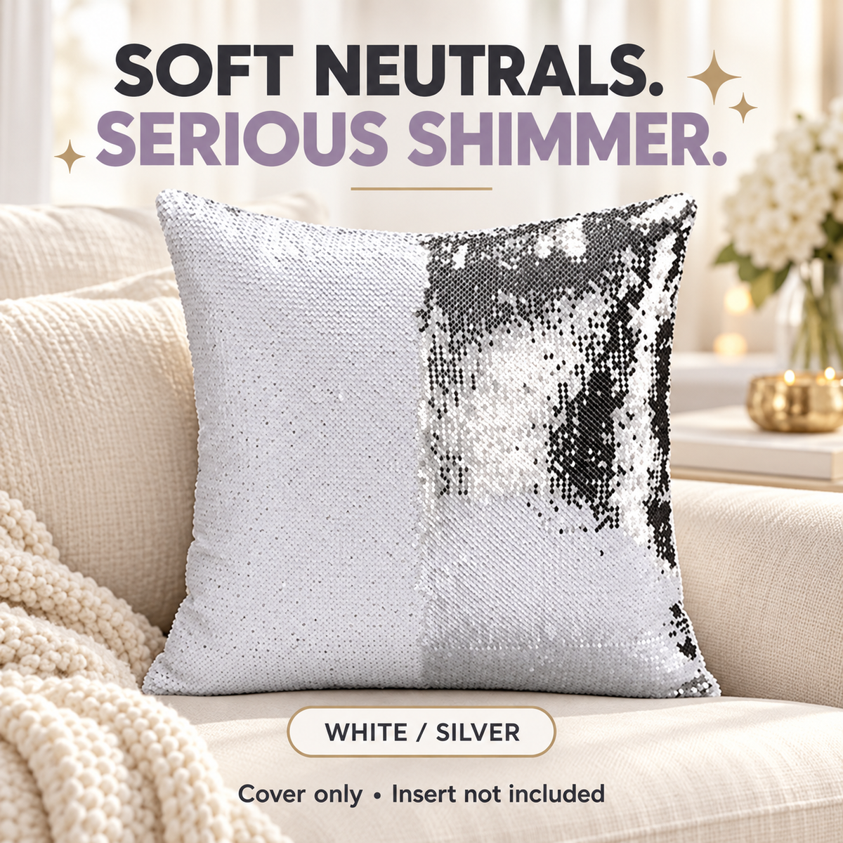 Reversible sequin cushion cover — white silver