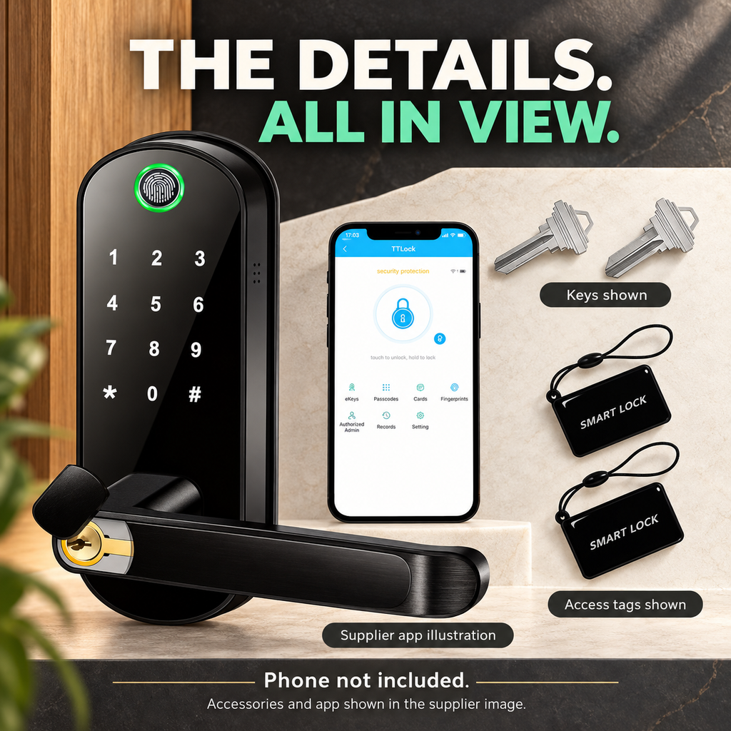 TouchSecure lock with supplier-shown keys, access tags and app illustration; phone not included