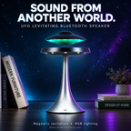 UFO levitating Bluetooth speaker beside books with English titles for scale; books not included
