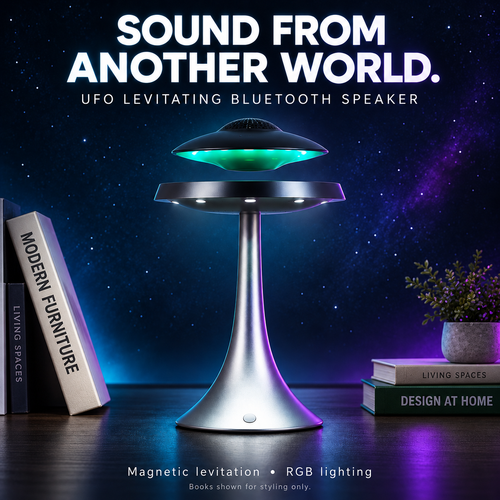 UFO levitating Bluetooth speaker beside books with English titles for scale; books not included