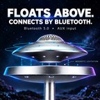 UFO speaker magnetic levitation and rotation illustrated by blue motion arrows