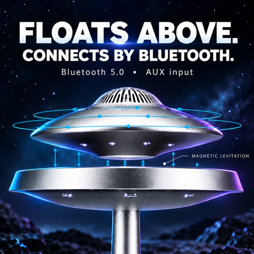 UFO speaker magnetic levitation and rotation illustrated by blue motion arrows