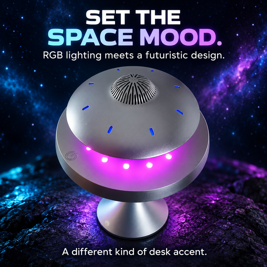 Close-up of gray UFO speaker with RGB lighting