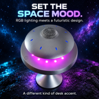 Close-up of gray UFO speaker with RGB lighting
