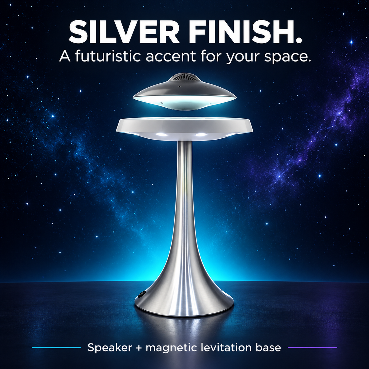 Silver finish UFO speaker and magnetic levitation base