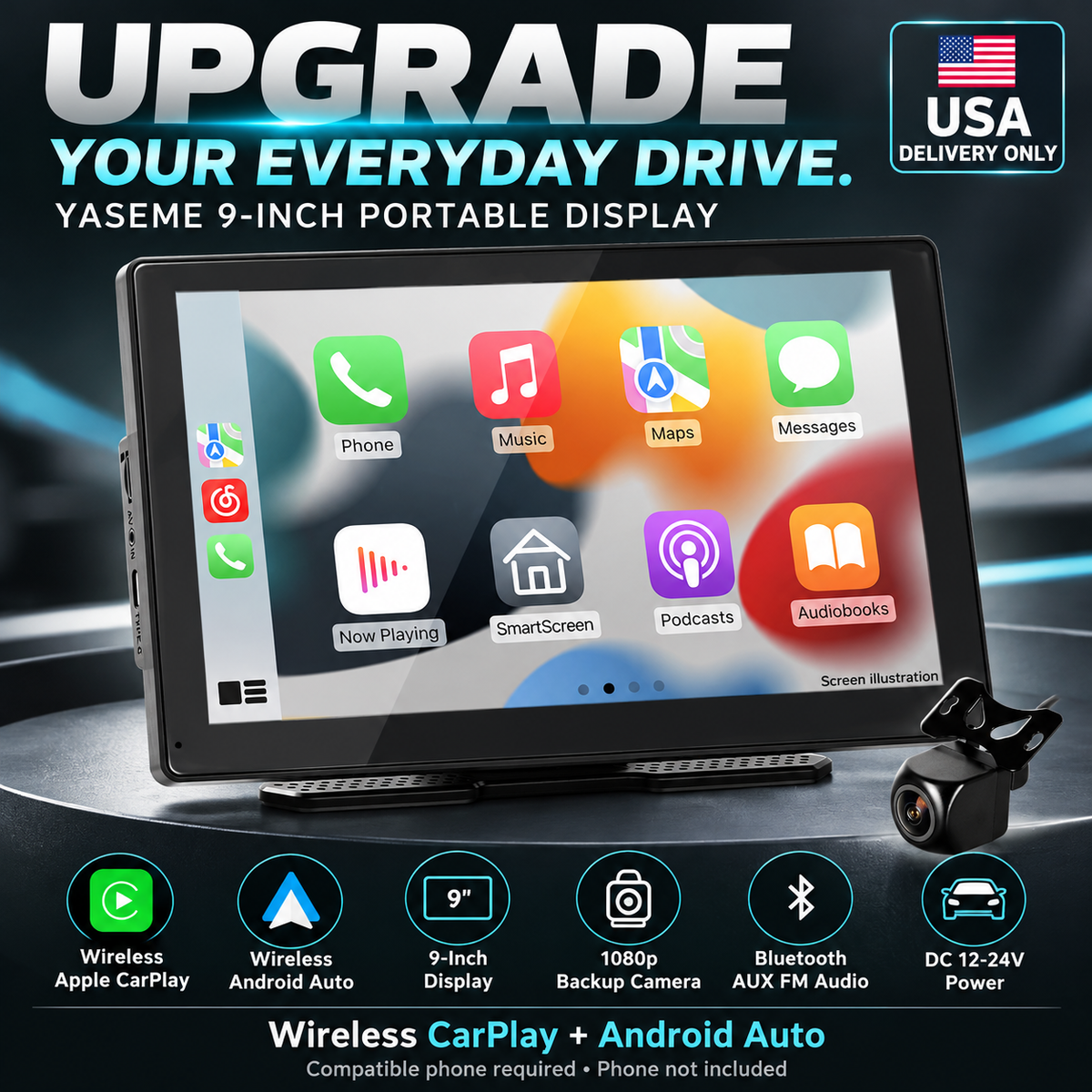 Yaseme 9-inch CarPlay display — hero — USA delivery only